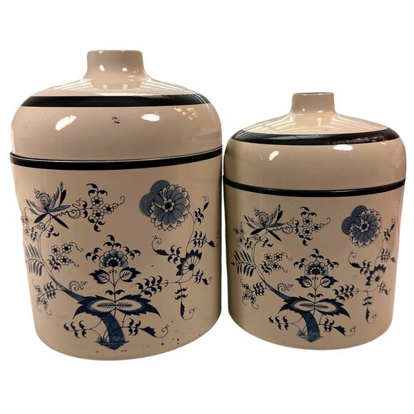 Blue Danube Japan Laquer Ware Blue Floral Tin Set of 2 - Smaller one has flaws - Picture 1 of 10
